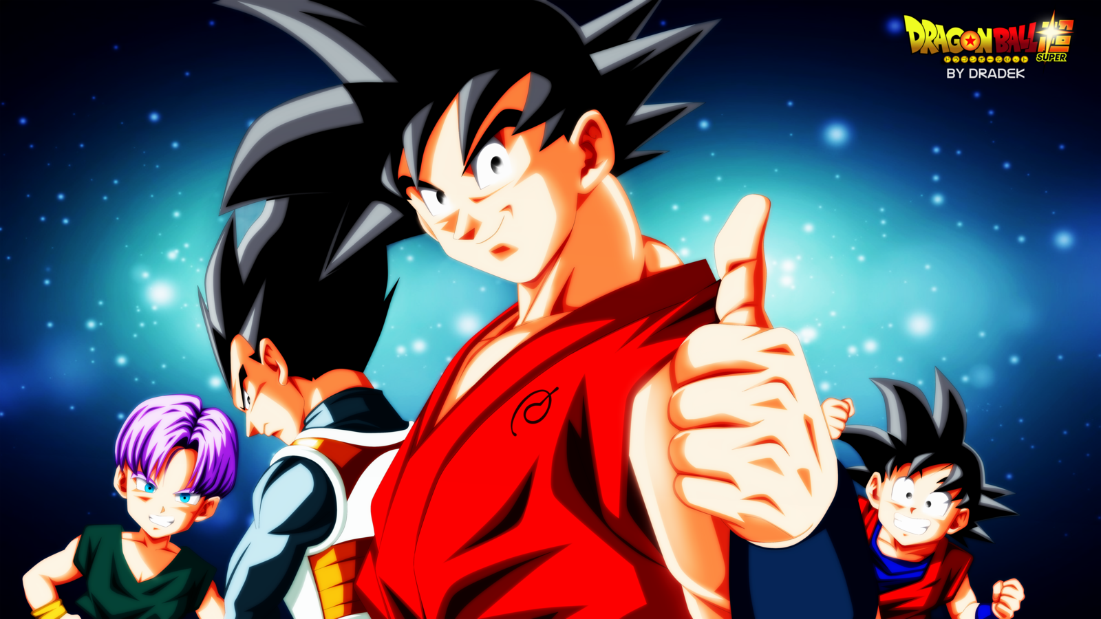 Goku gives a thumbs up in the foreground, with Goten, Trunks, and Vegeta behind him, all set against a starry background in this vibrant Dragon Ball Super anime illustration.