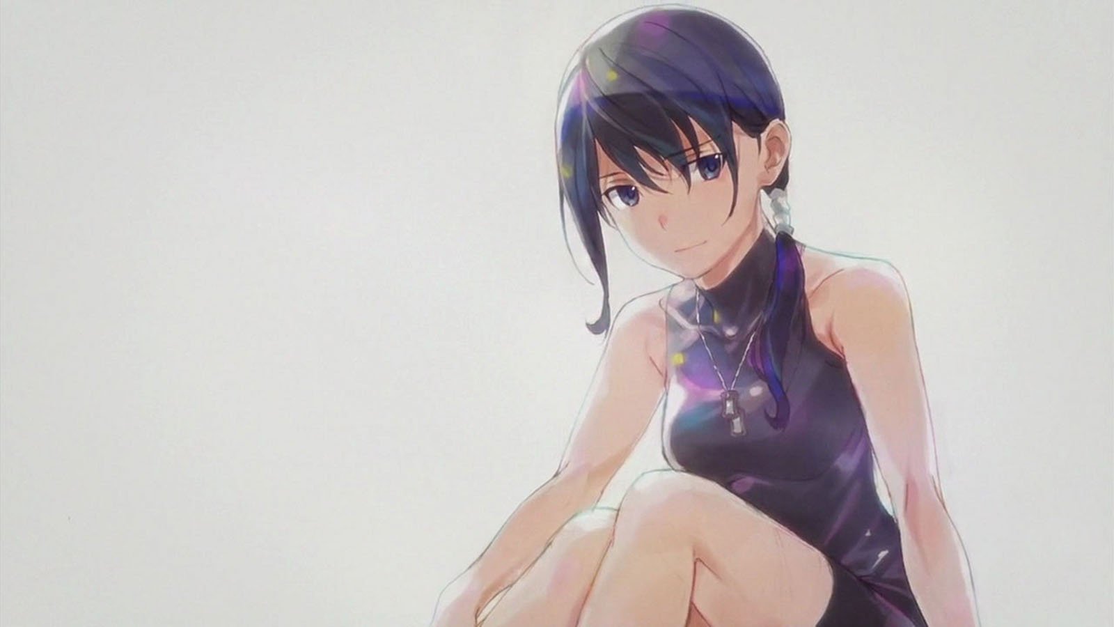 A character named Mary from the anime Grimgar of Fantasy and Ash sits gracefully, dressed in a sleek outfit, with a soft smile and a serene expression against a minimalist background.