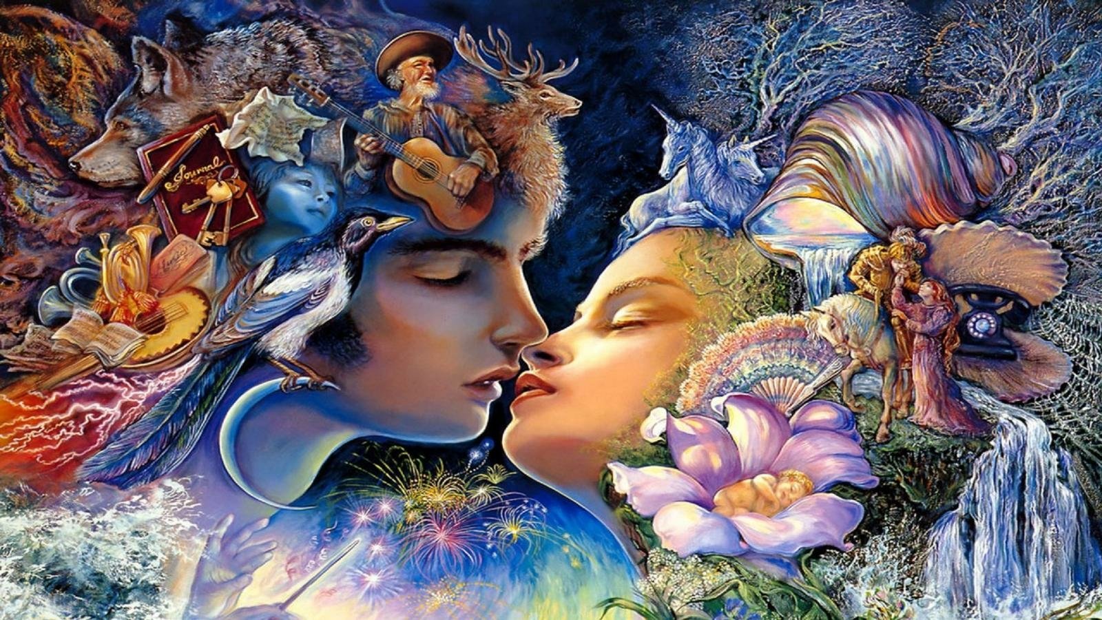 A colorful artistic painting of a couple sharing a kiss, surrounded by vibrant flowers and symbolic imagery, celebrating love and connection in a dreamlike setting.