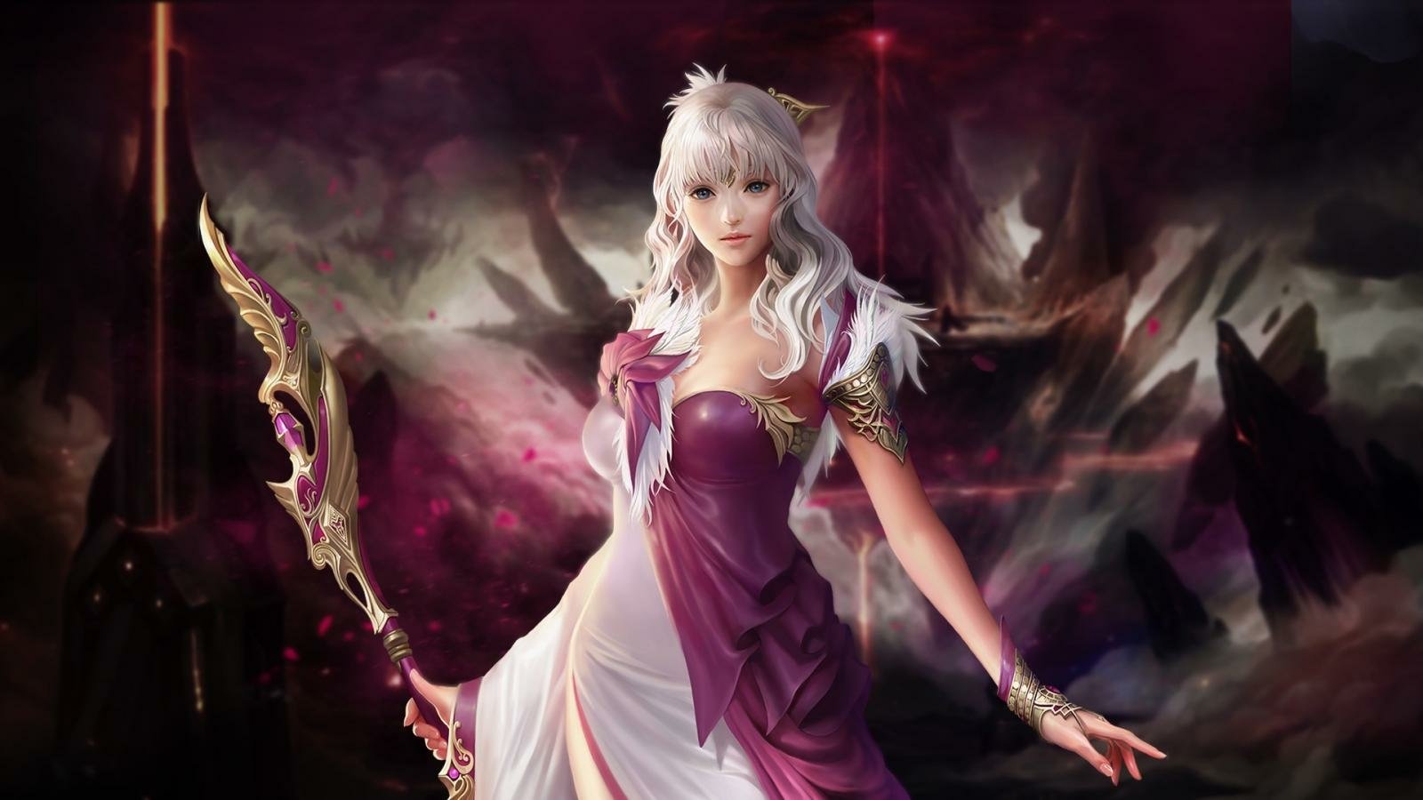 A white-haired sorceress with blue eyes in a purple dress wields a staff and sword, set against a dark fantasy backdrop from the video game Cabal II.