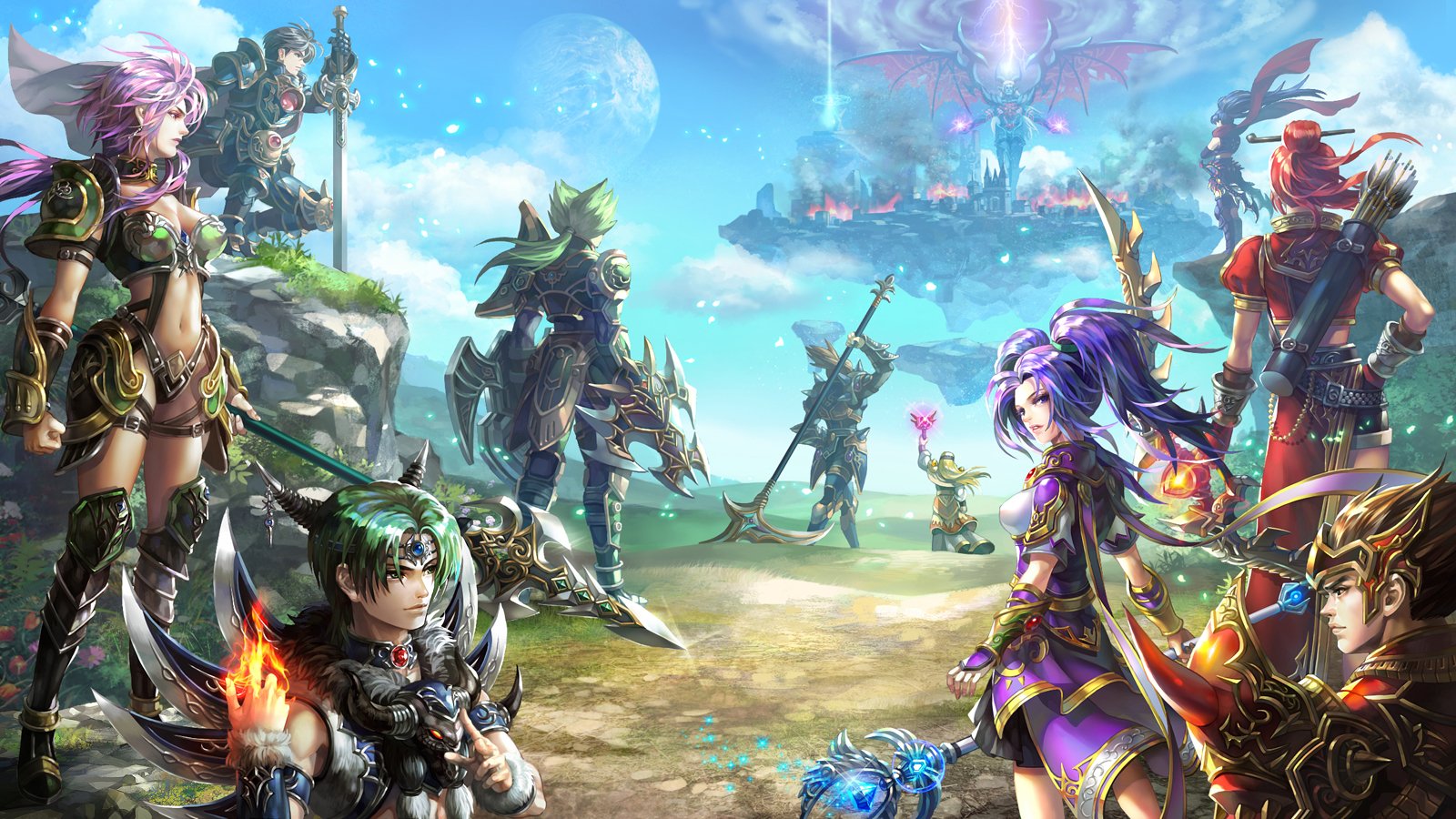 Colorful fantasy characters from the video game Pristontale gather in a vibrant landscape with a floating structure and a bright blue sky.