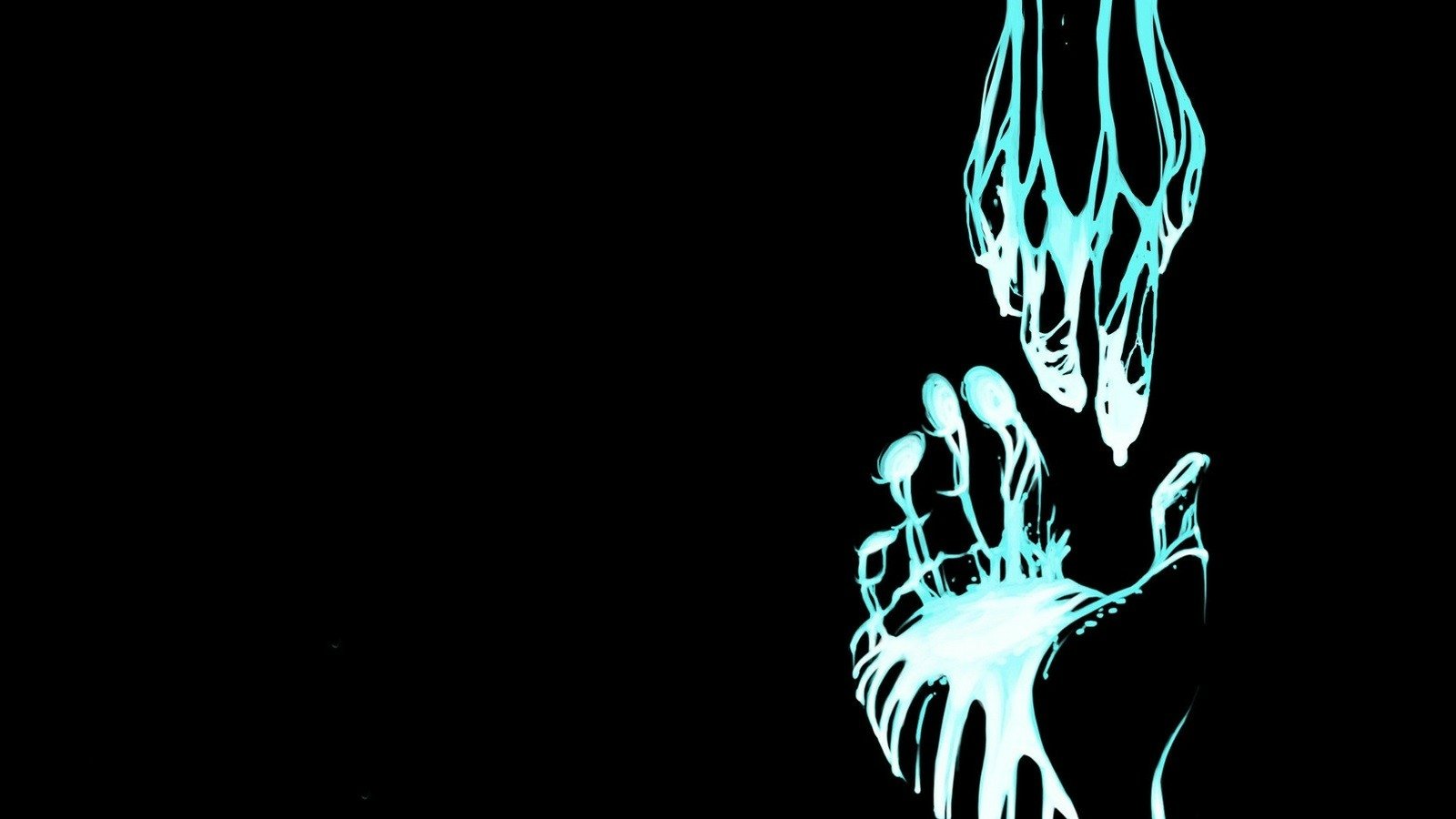 An artistic depiction of two hands, one reaching down and the other reaching up, both dripping with vibrant blue paint against a black background.