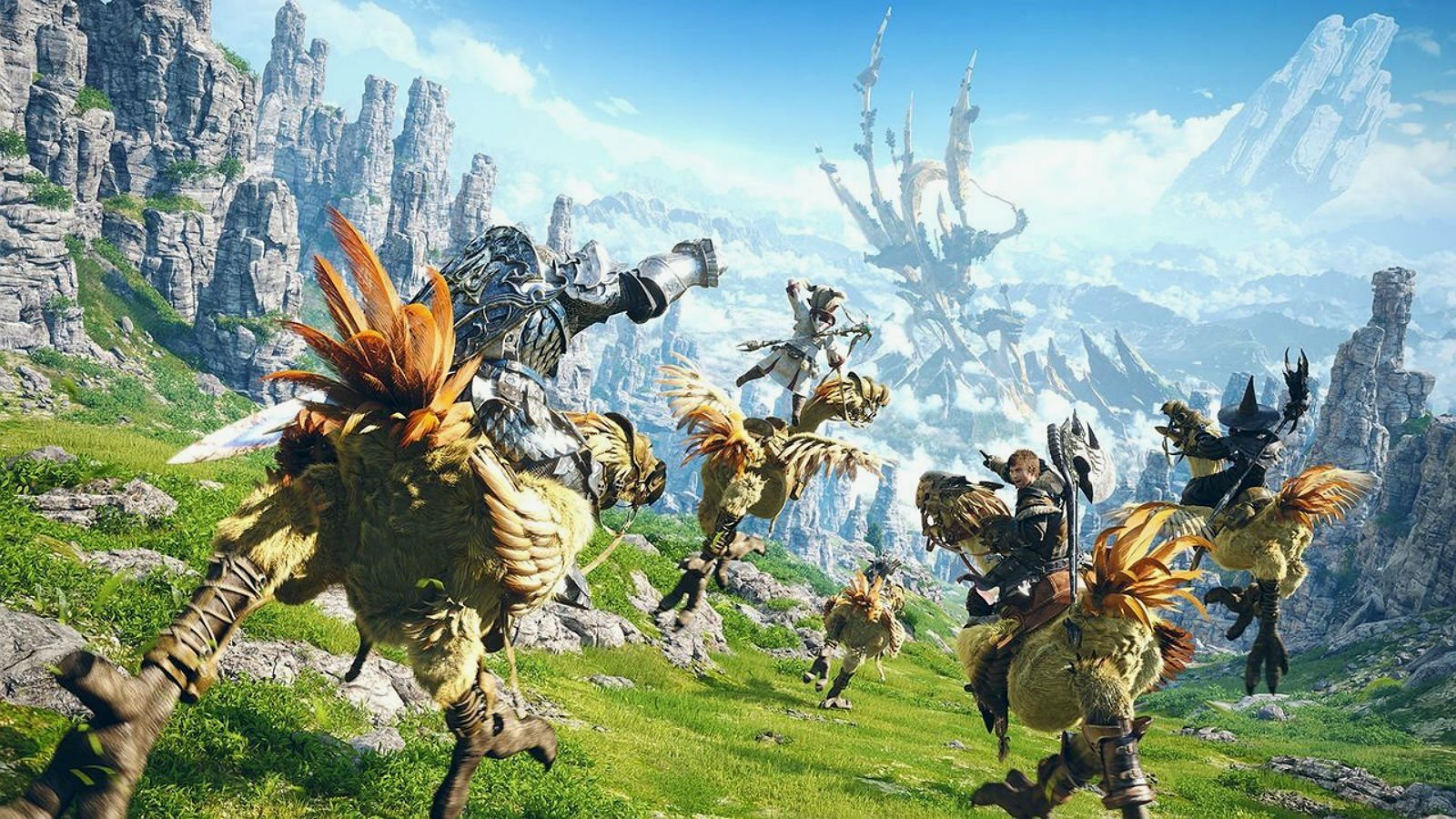 A group of characters riding chocobos across a lush, mountainous landscape in the video game Final Fantasy XIV.