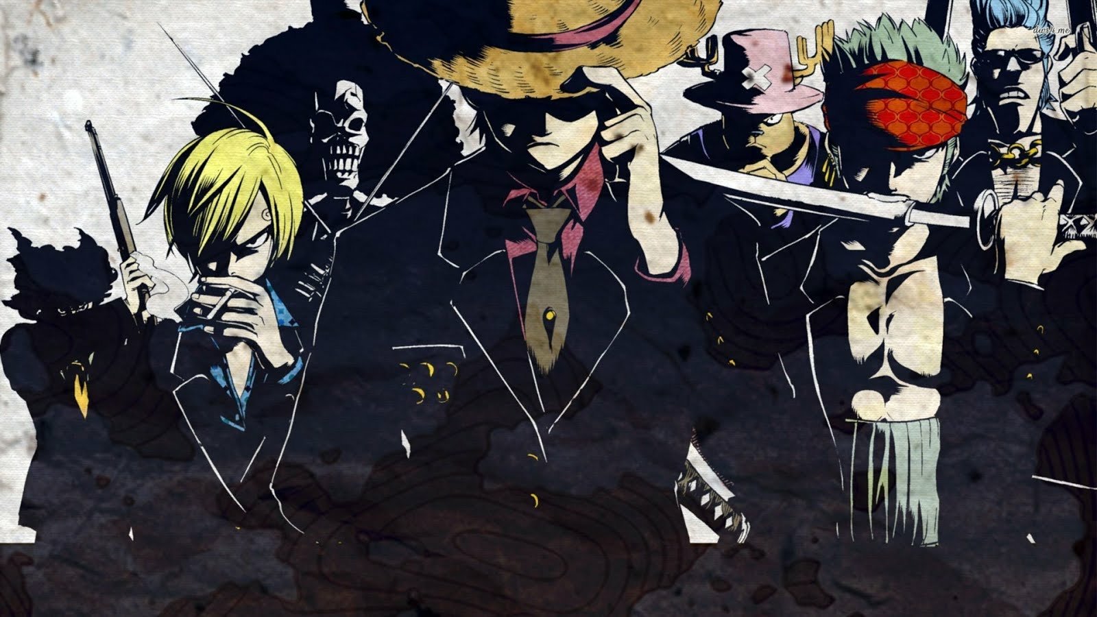 Anime-style illustration featuring Monkey D. Luffy and key characters from One Piece in dynamic, dark-toned attire with intense expressions.