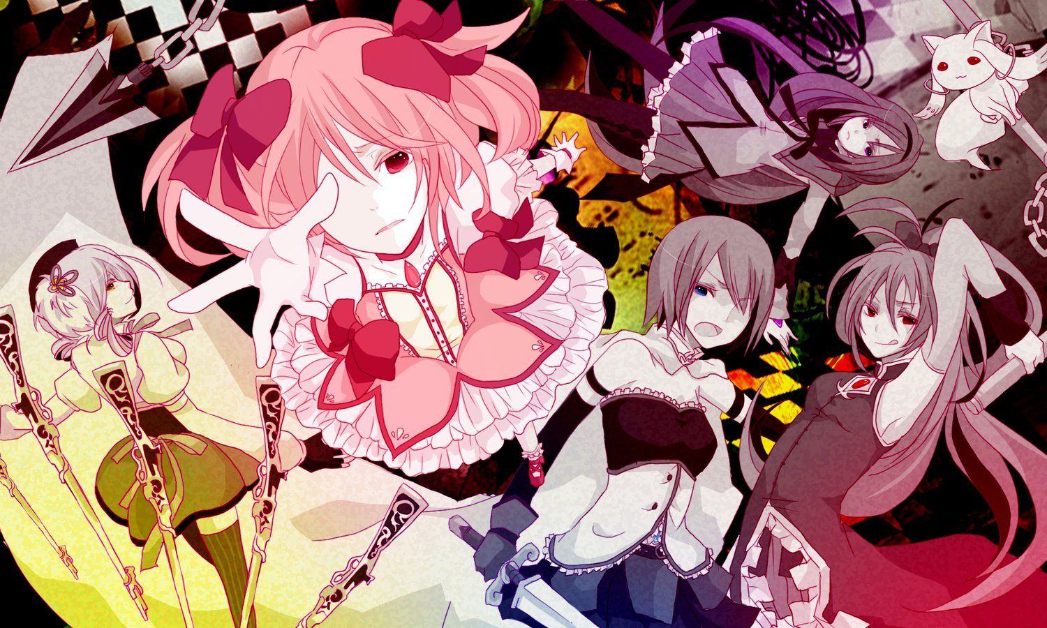 Stylized group illustration of Puella Magi Madoka Magica featuring Madoka Kaname, Mami Tomoe, Sayaka Miki, Kyōko Sakura, Homura Akemi and Kyuubey in dramatic poses.