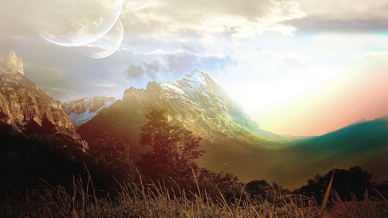 Sci-fi landscape featuring towering mountains, a glowing sky with planets, and grassy fields bathed in soft, ethereal light.