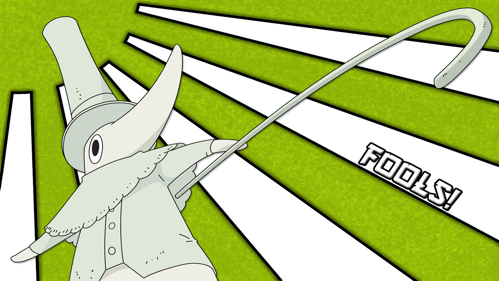 Anime — Soul Eater: pale, masked figure in a pointed hat swings a long whip across a green-and-white radial background with the word FOOLS!
