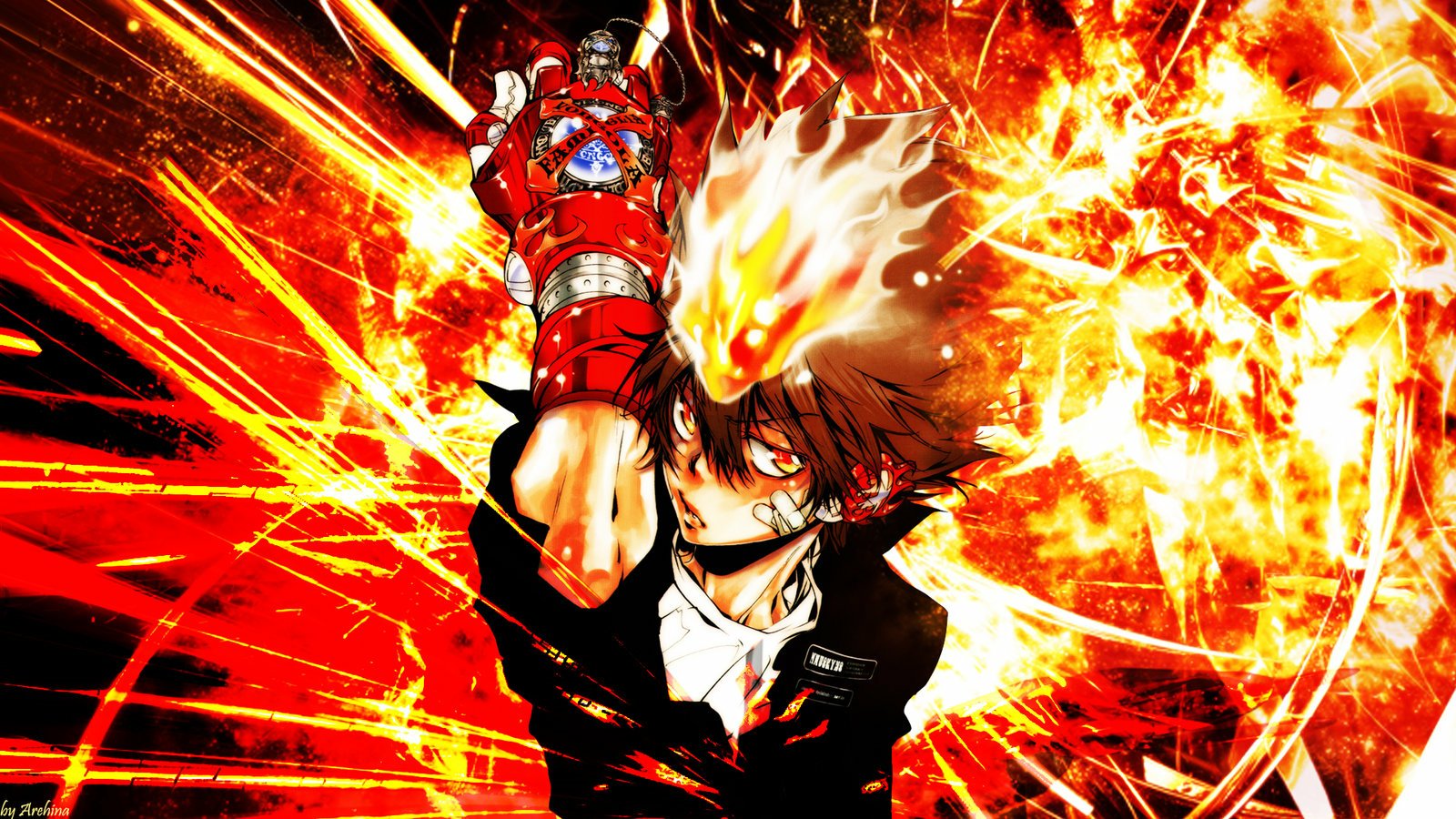 An action-packed scene from Katekyō Hitman Reborn! features a character wielding a flaming arm amidst explosive effects, capturing the intensity of the anime's battles.