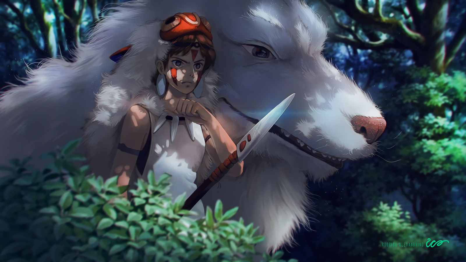 A scene from Studio Ghibli's *Princess Mononoke*, featuring the character Ashitaka with a sword, standing beside a large, majestic wolf in a lush, green forest.