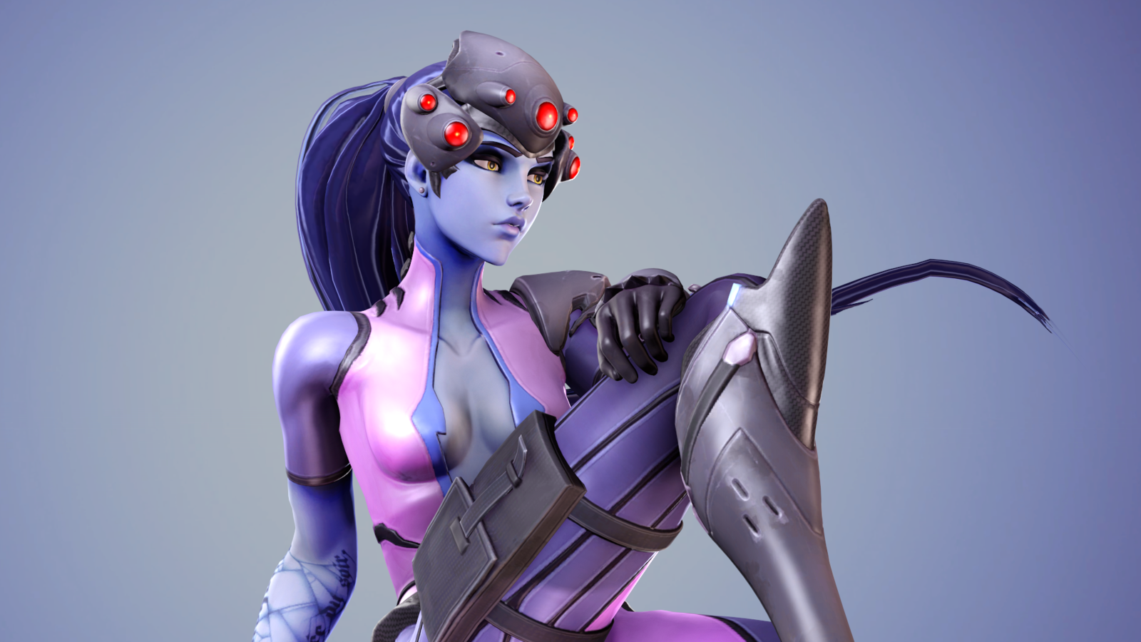 Widowmaker from Overwatch: a blue-skinned video game sniper in a purple bodysuit with red-lensed headgear, poised with her sniper rifle while kneeling.