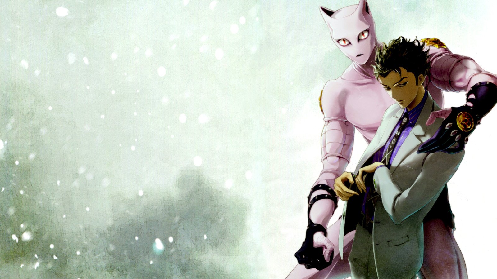 Yoshikage Kira (posing as Kosaku Kawajiri) with black hair and his pink Stand Killer Queen, from the anime JoJo's Bizarre Adventure: Diamond Is Unbreakable.