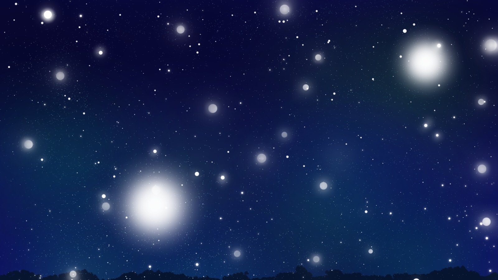 Anime night sky: a deep-blue Sky Anime scene of twinkling stars and bright glowing orbs over a dark silhouetted horizon.