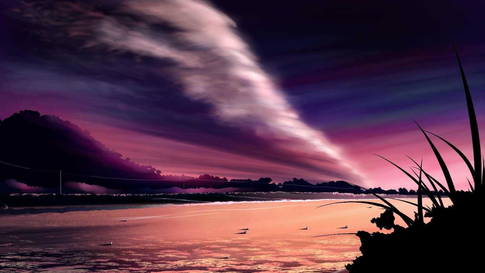 Anime landscape depicting a serene sunset over calm waters with a dramatic cloud streak and silhouetted plants in the foreground.