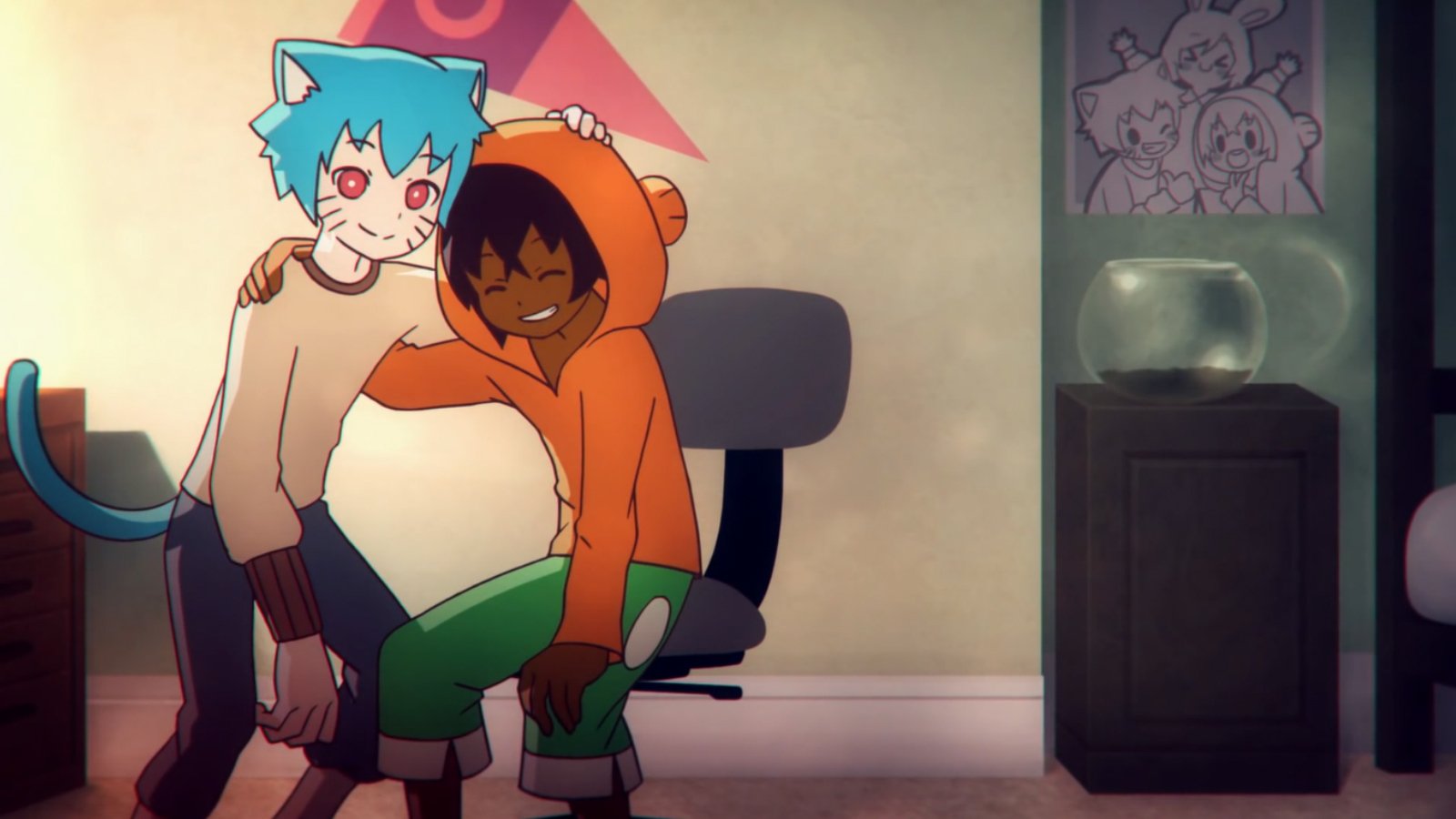 Darwin Watterson, with blue hair and cat-like features, playfully embraces Gumball Watterson in a cozy room, reflecting the lively spirit of *The Amazing World of Gumball*.