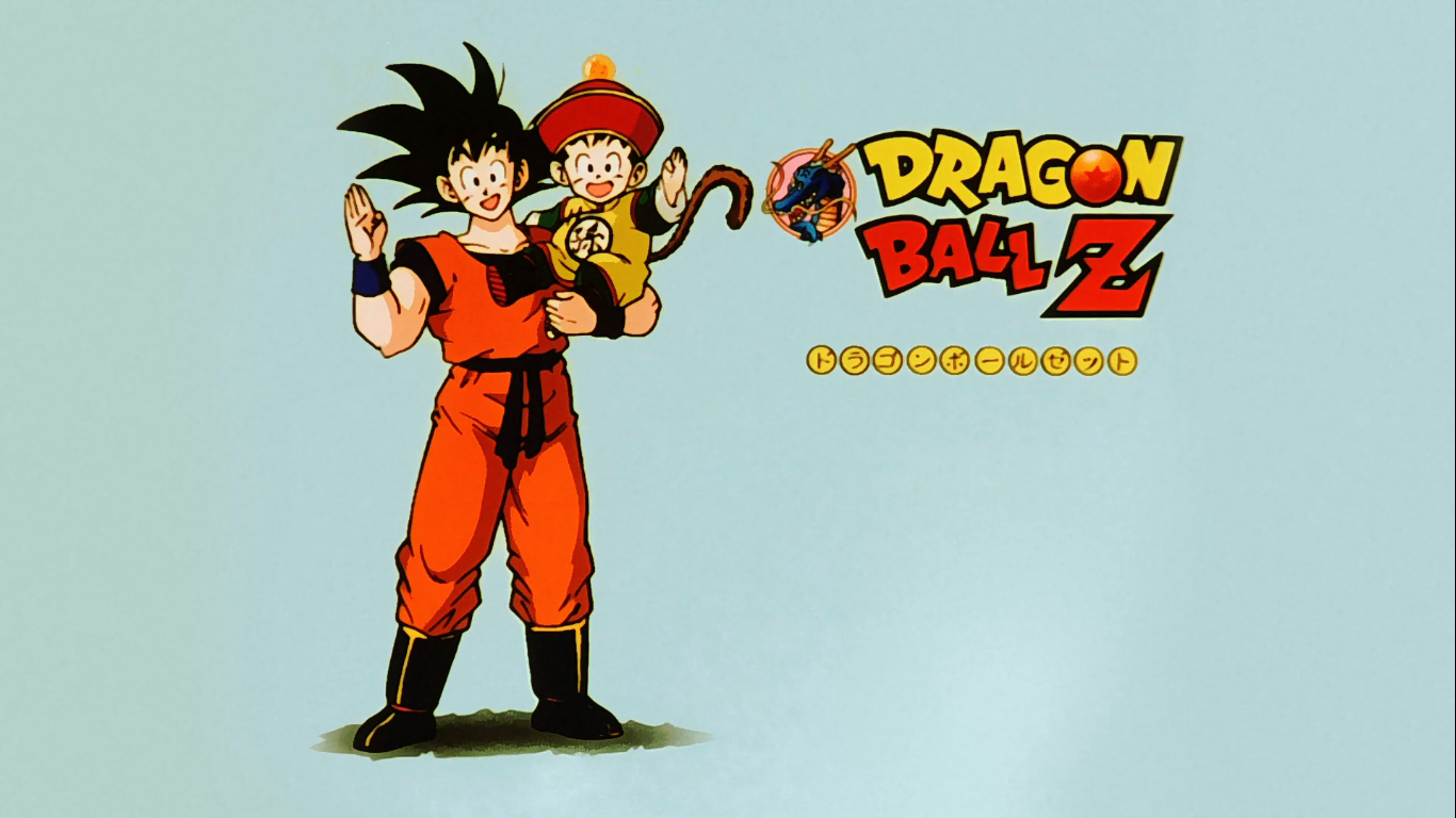 Anime Dragon Ball Z scene: Goku in an orange gi waves while holding young Gohan on his shoulder, with the Dragon Ball Z logo on a pale blue background.