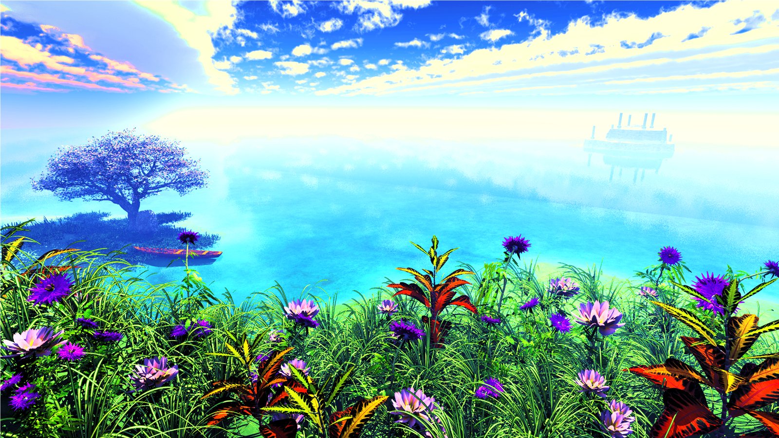 A colorful 3D CGI anime scene of vibrant flowers and grasses by a calm ocean, under a bright sky with clouds and a lone tree on the horizon.