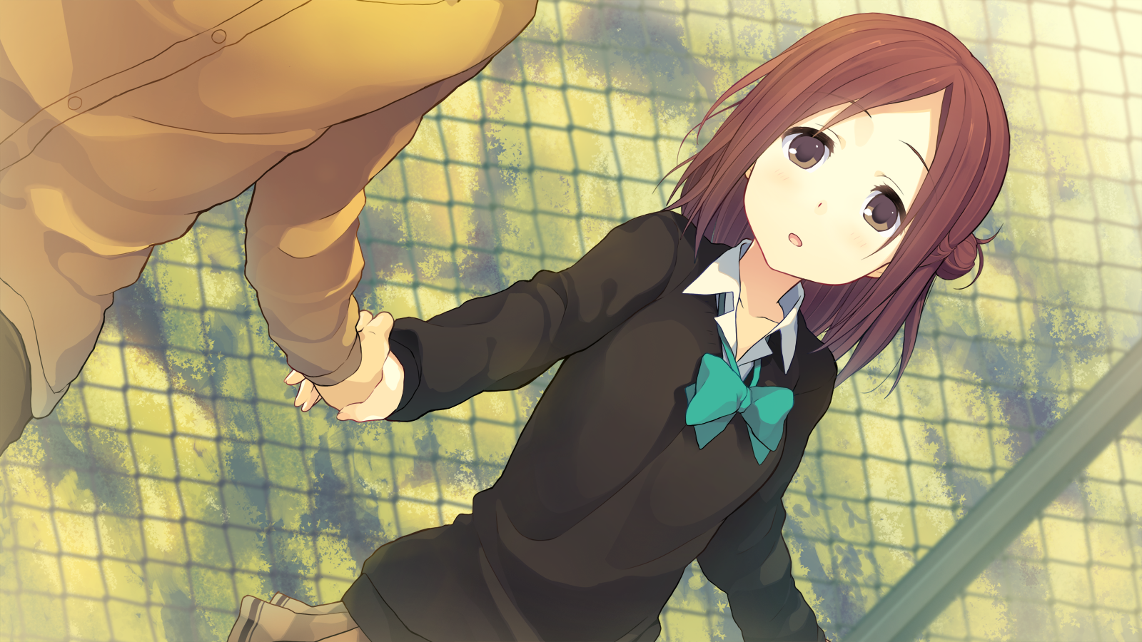 A scene from the anime One Week Friends, featuring a girl with short brown hair and a school uniform, reaching out to hold someone's hand against a soft, blurred background.