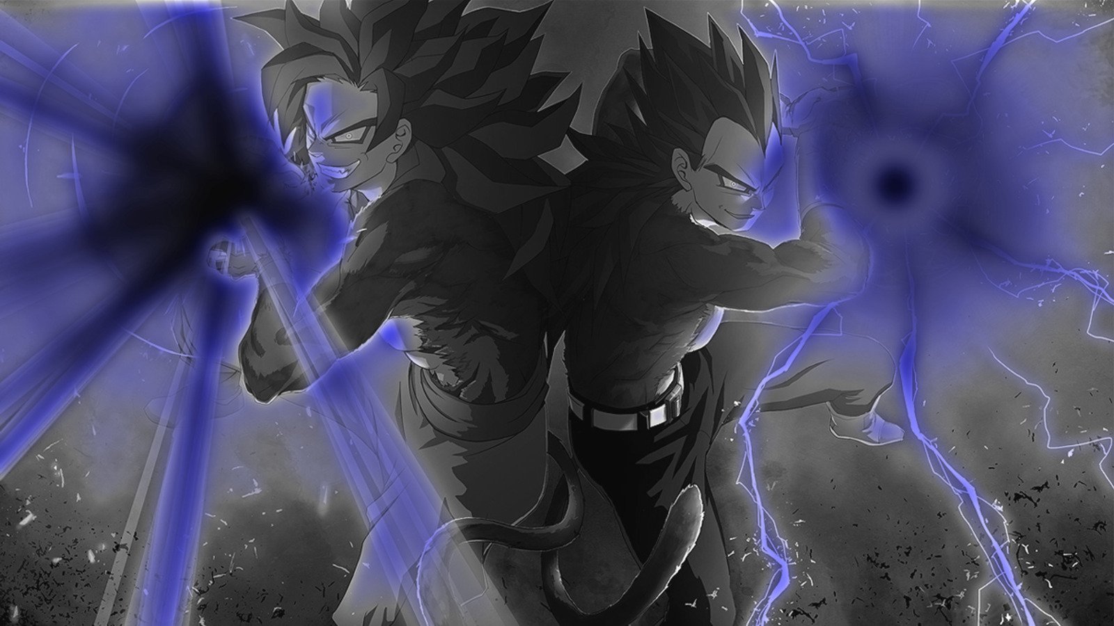 Goku and Vegeta from Dragon Ball GT stand back-to-back, channeling energy in a dynamic pose, surrounded by dark and electric effects, showcasing their power and determination.