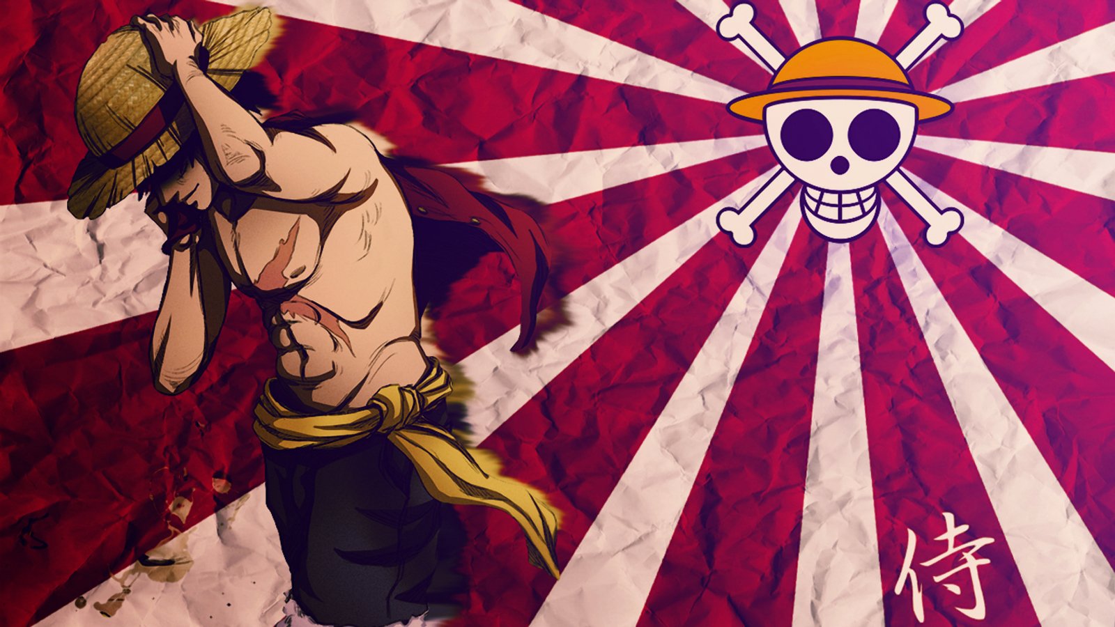 Anime character Monkey D. Luffy from One Piece stands confidently against a red and white sunburst background featuring the iconic Straw Hat Pirates Jolly Roger.