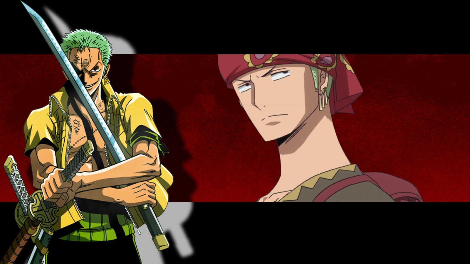 Roronoa Zoro (One Piece) in two-panel layout: left full-body pose crossing three swords, right close-up wearing a bandana, intense expression against a red-black background.