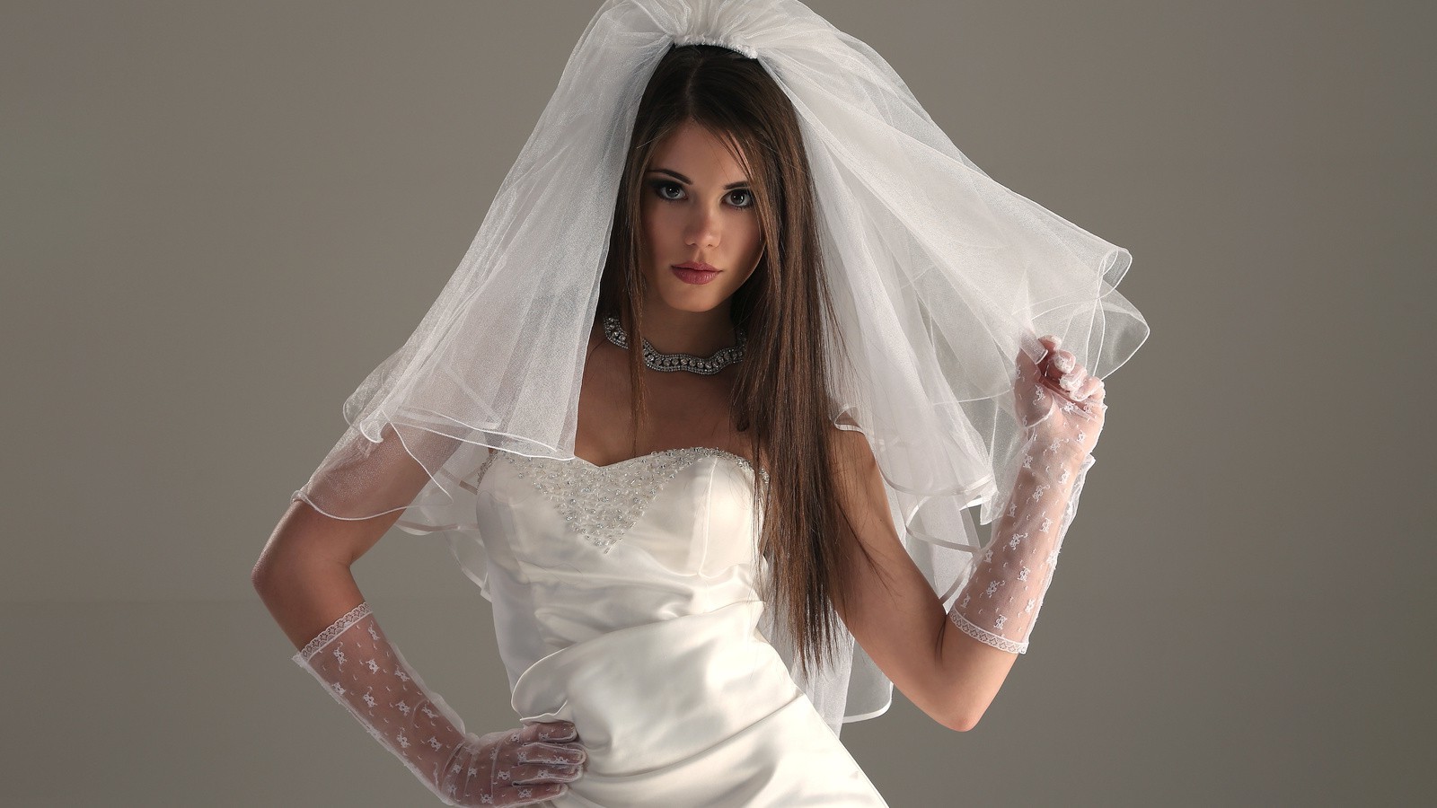 Download Brunette Wedding Dress White Dress Veil Woman Bride Image