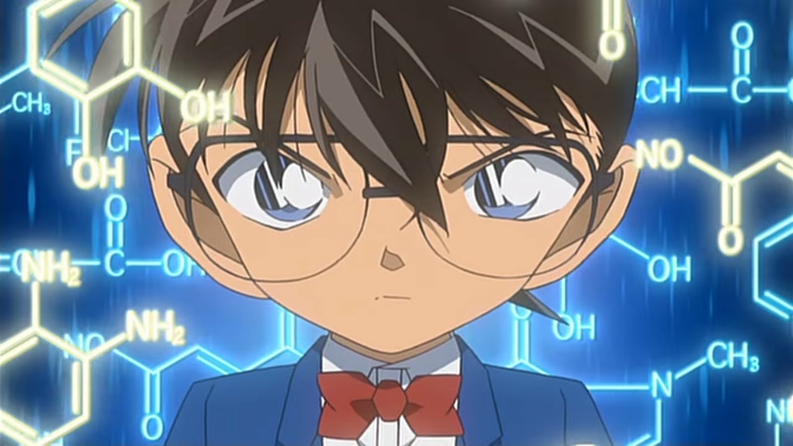 A determined Conan Edogawa, also known as Shinichi Kudo, analyzes chemical formulas in a scene from the anime Detective Conan (Meitantei Konan).