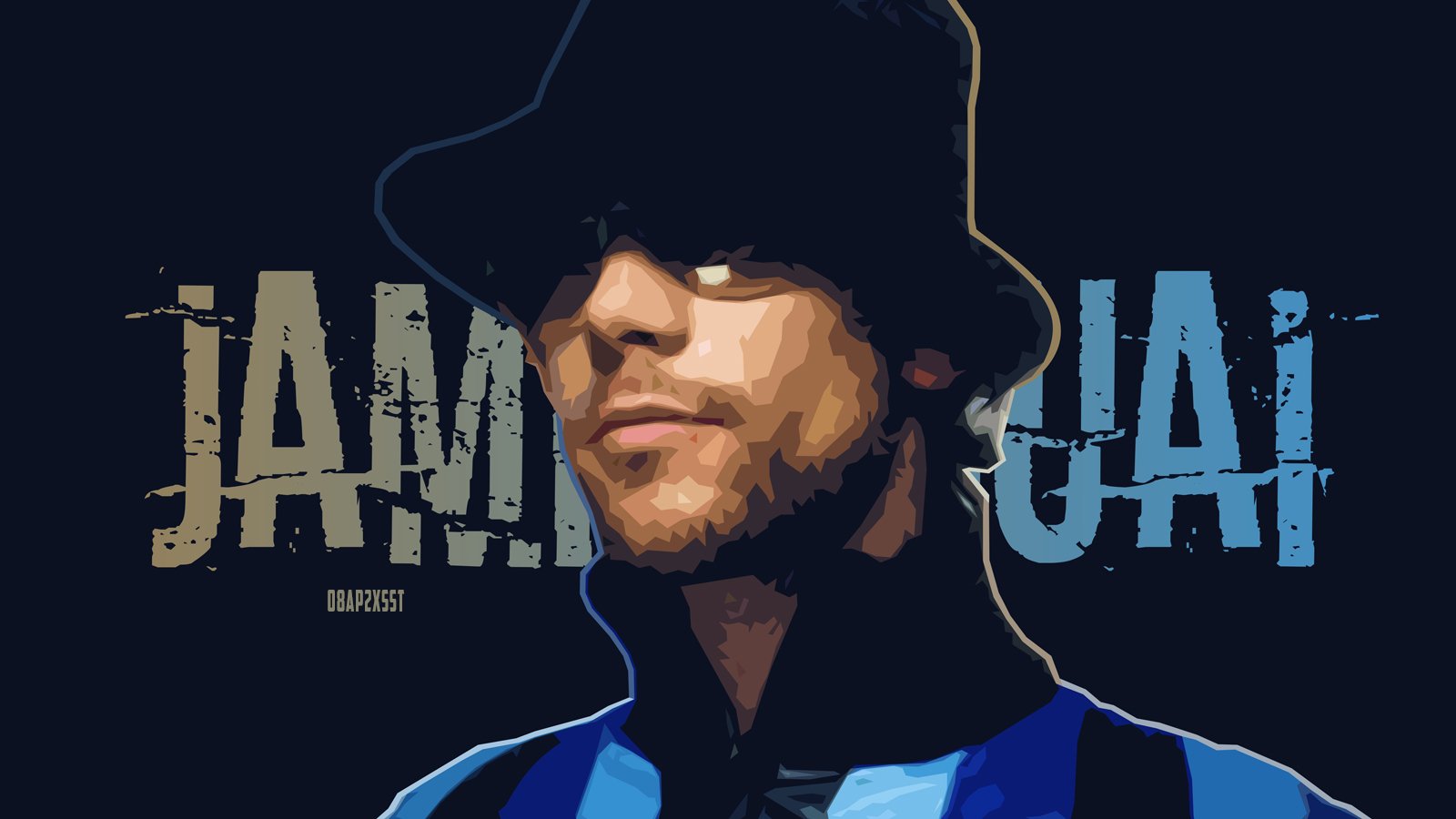 Portrait of Jamiroquai, the singer and musician, wearing a hat and a blue-striped outfit against a dark background with stylized text of his name.