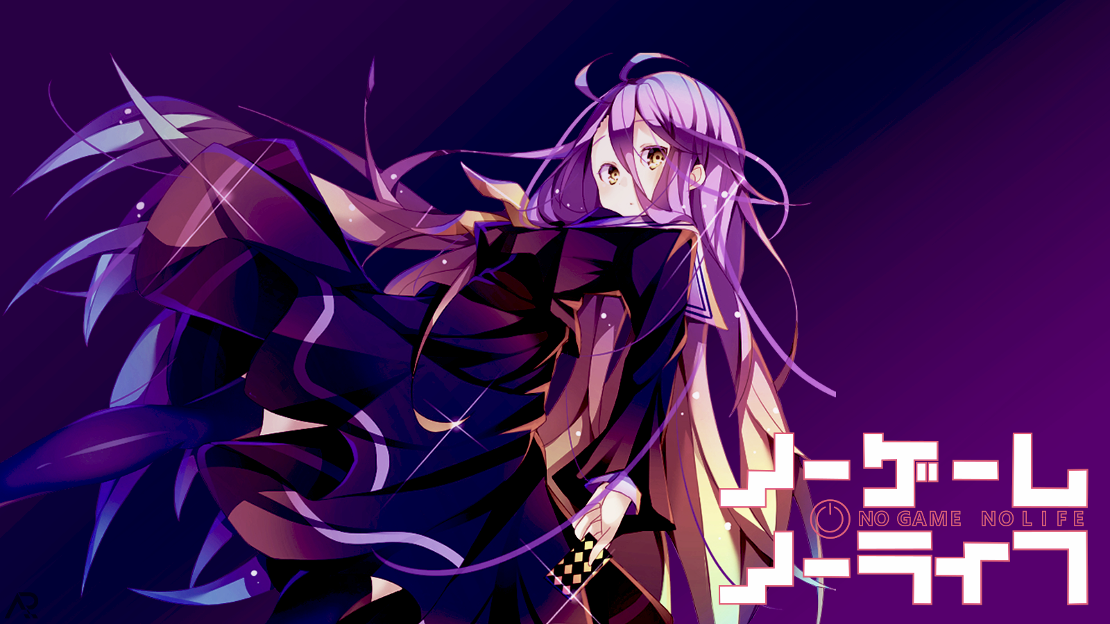Shiro from the anime No Game No Life stands confidently against a dark purple backdrop, her hair and cloak flowing dynamically. The series title appears in stylized text nearby.