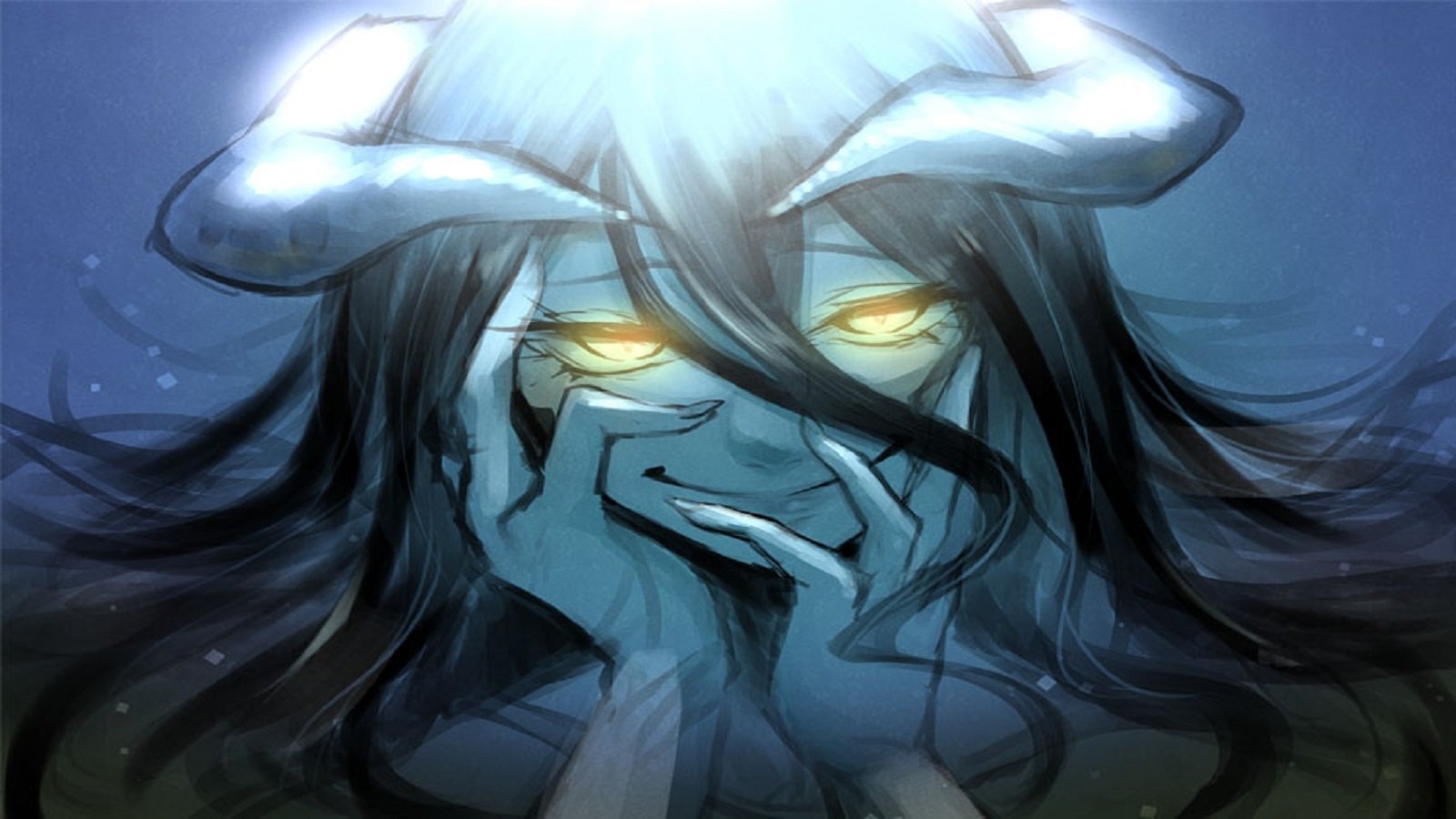 Albedo from the anime Overlord, depicted with glowing yellow eyes and dark hair, expressing a mix of emotion while holding her head in her hands, surrounded by an ethereal glow.