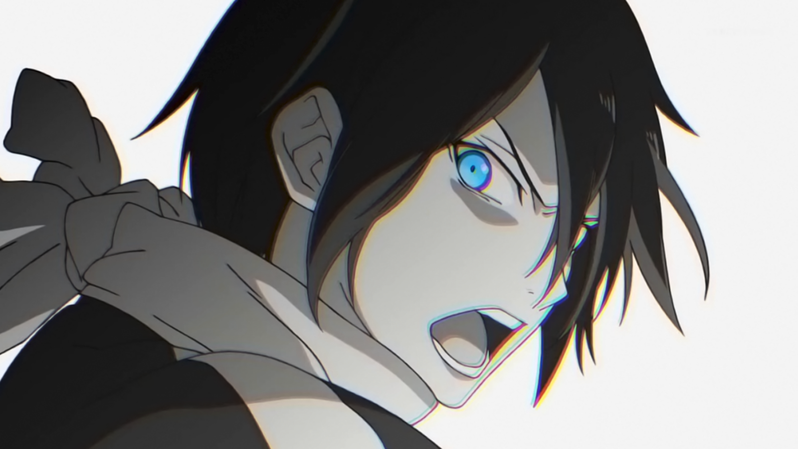 Yato from the anime Noragami, features an intense expression with striking blue eyes, as he passionately shouts, showcasing his dynamic character.
