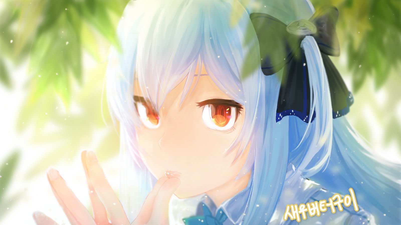 Tina from the video game Closers: soft-lit close-up of a blue-haired girl with orange eyes and a black bow, gently framed by sunlit leaves.