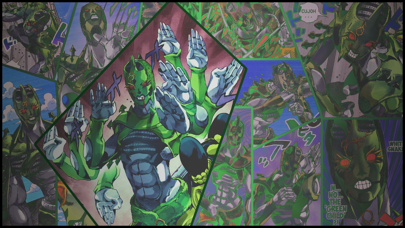 Collage of C-Moon, a green and blue Stand from Jojo's Bizarre Adventure anime, depicted in various dynamic poses and panels.