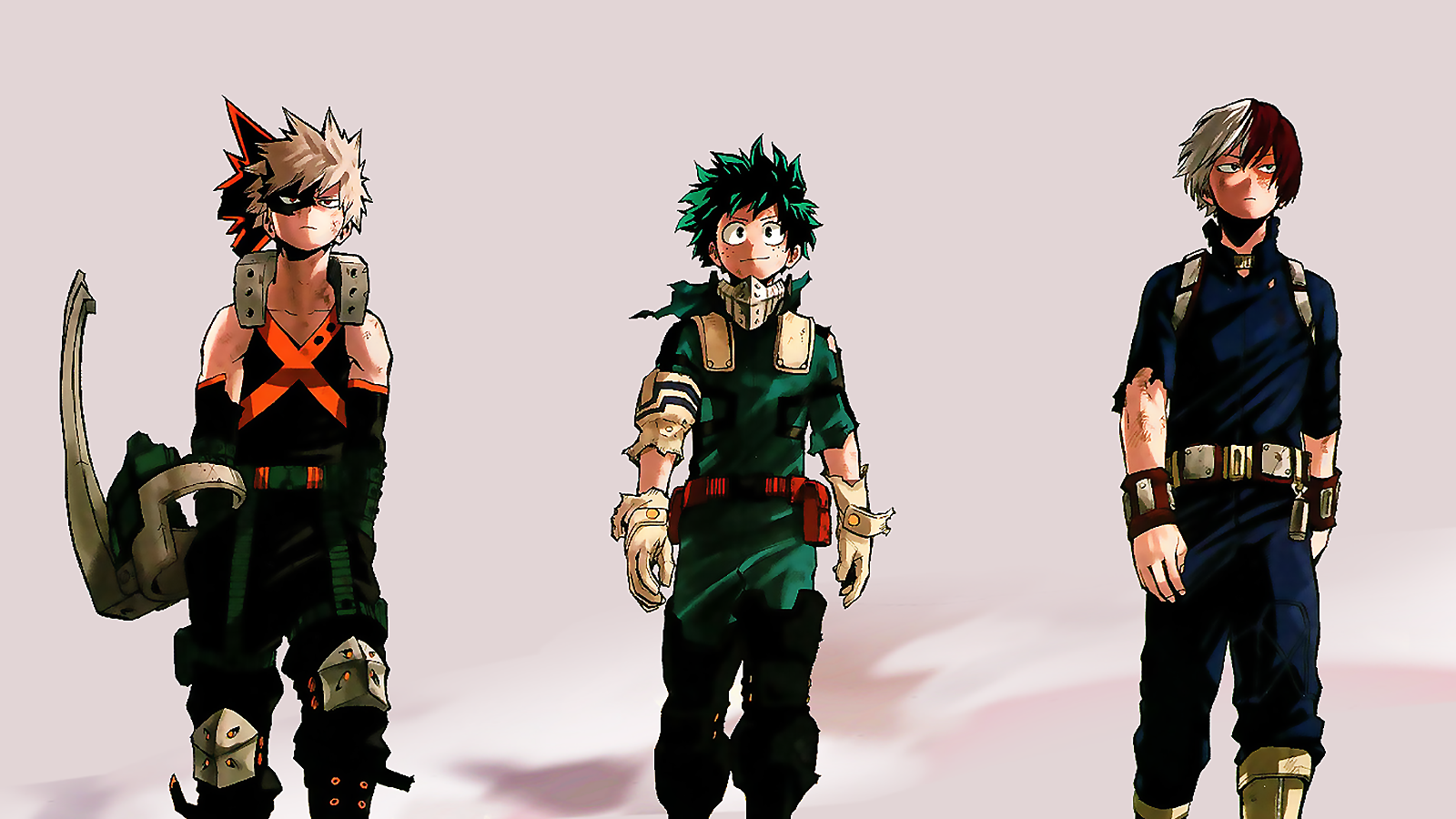 Three characters from My Hero Academia in uniform: Shoto Todoroki, Katsuki Bakugou, and Izuku Midoriya, walking confidently together.