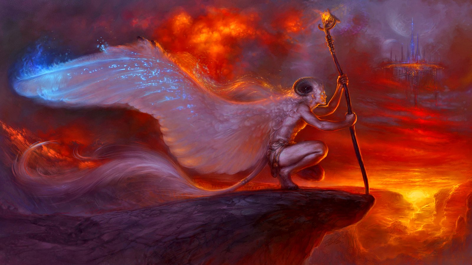 A dark demon with wings and horns crouches on a cliff, holding a staff amid fiery, smoky skies.