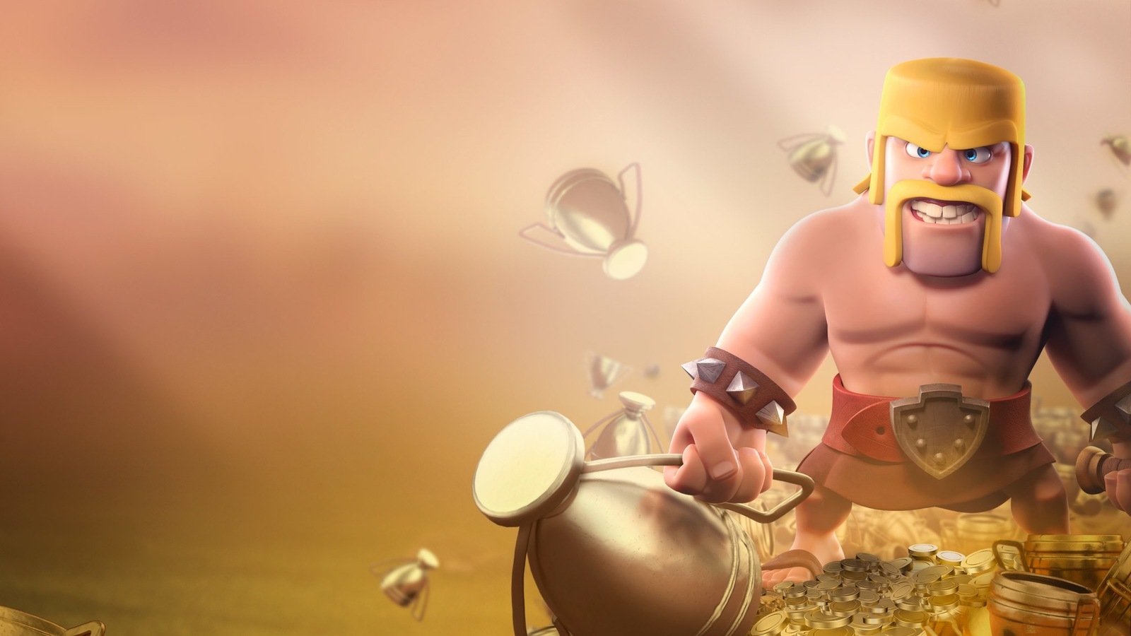 A muscular Clash of Clans Barbarian character holding a weapon, standing amid scattered gold coins in a softly lit scene.