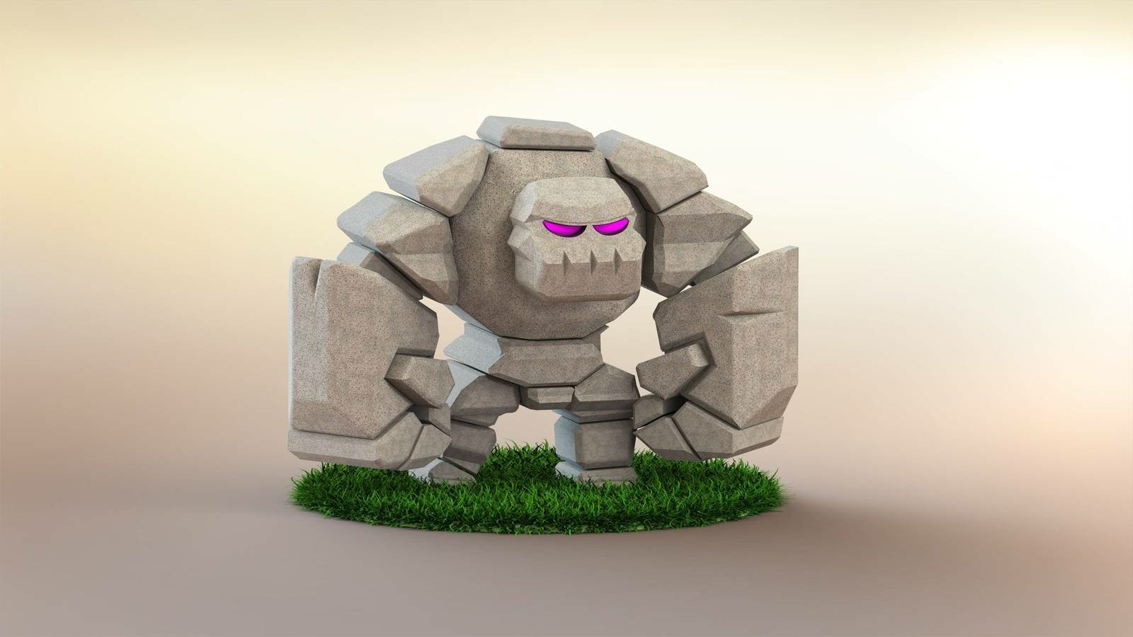Video game Clash of Clans stone golem: a blocky rock creature with glowing purple eyes and jagged mouth standing on a small grassy base.