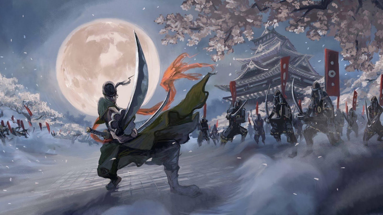 A samurai-style Roronoa Zoro from the anime One Piece stands poised under a full moon, surrounded by warriors in a serene, snowy landscape, blending action and tranquility.