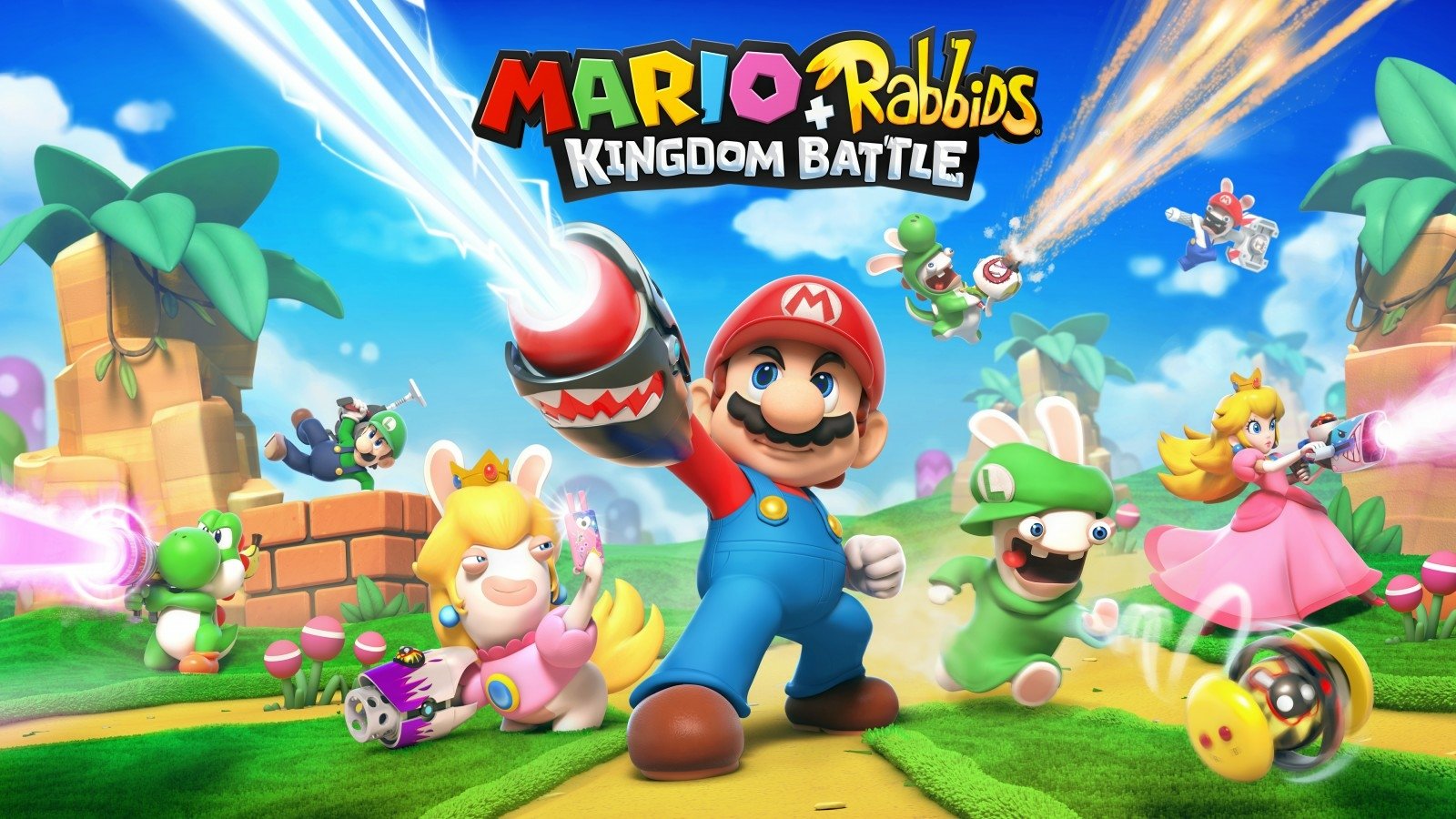 Mario, Rabbids, and other characters from the video game Mario + Rabbids Kingdom Battle pose dynamically in a colorful, vibrant landscape with action effects.