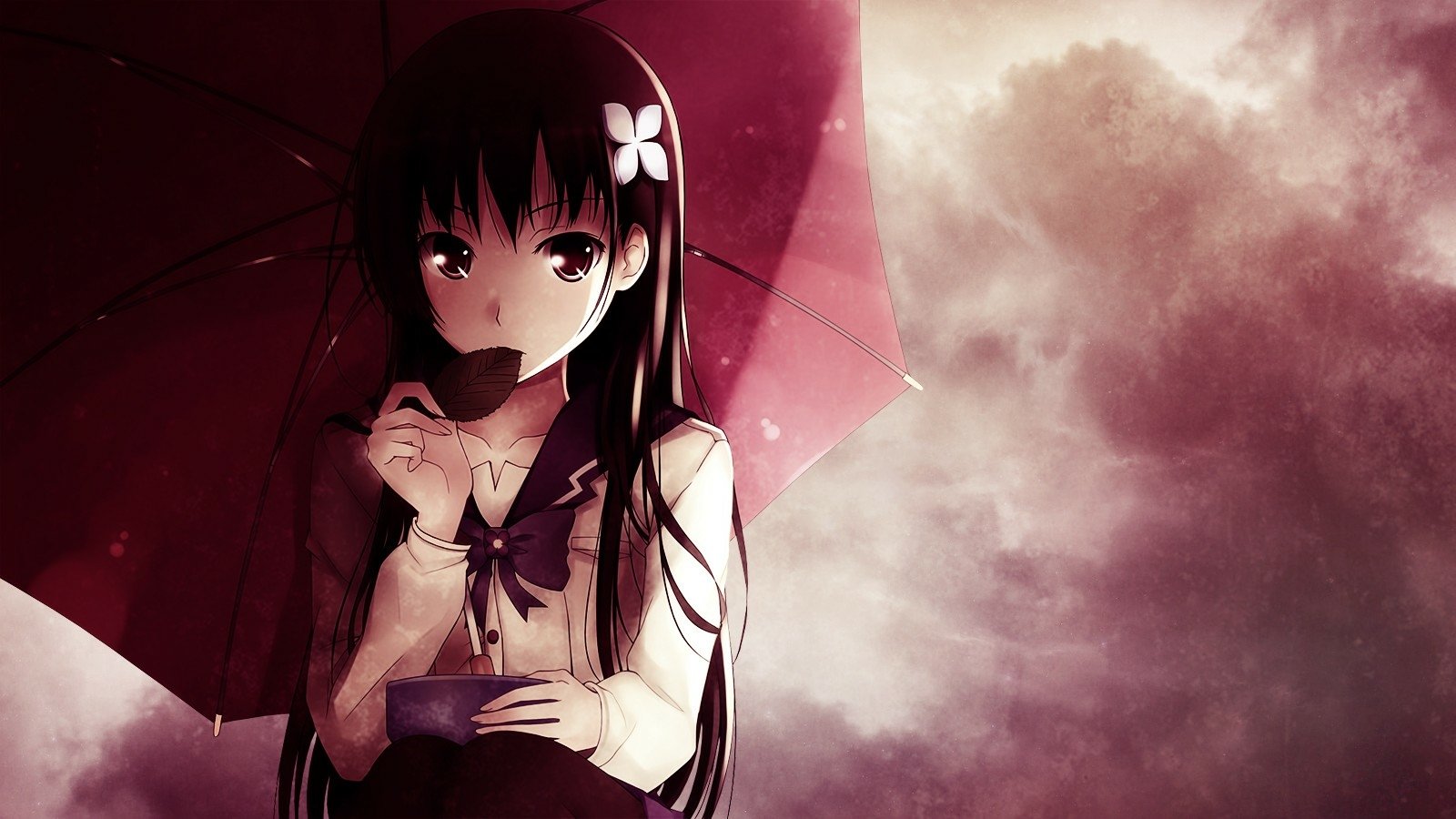 Anime character Rea Sanka from Sankarea holds a red umbrella, standing against a cloudy sky with soft lighting and a contemplative expression.