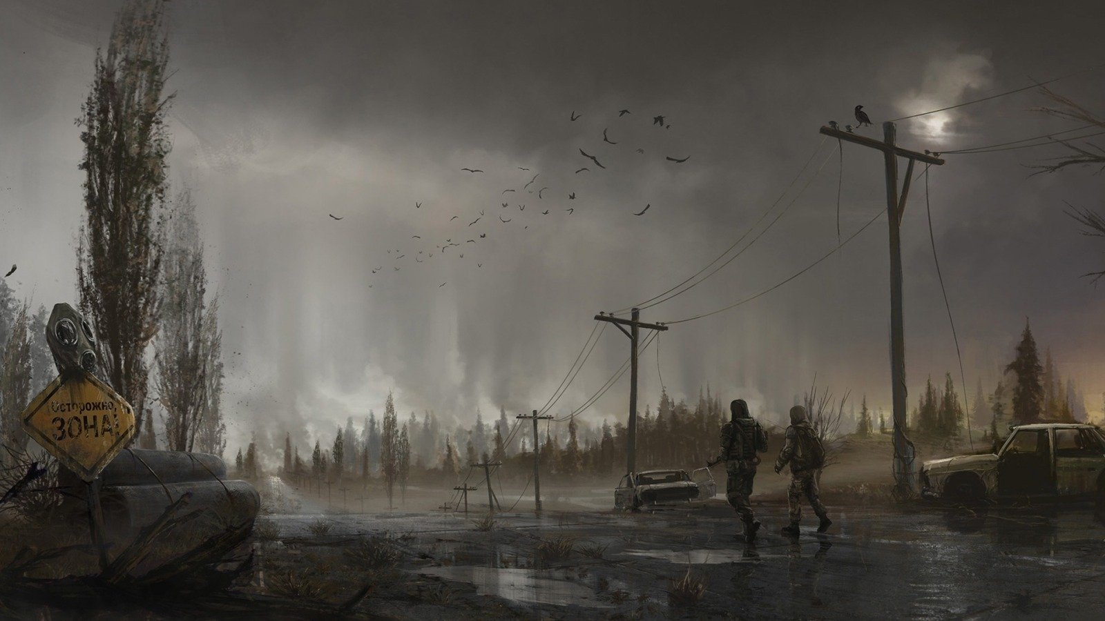A dark, foggy landscape from the video game S.T.A.L.K.E.R., featuring two figures walking along a rainy road with barren trees and power lines under a cloudy sky.