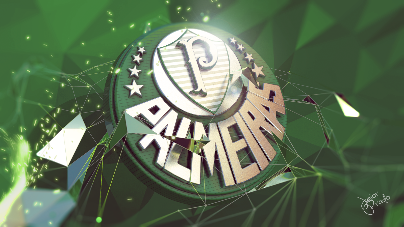 3D Sociedade Esportiva Palmeiras emblem with bold Palmeiras lettering on a dynamic green geometric background evoking soccer and sports.
