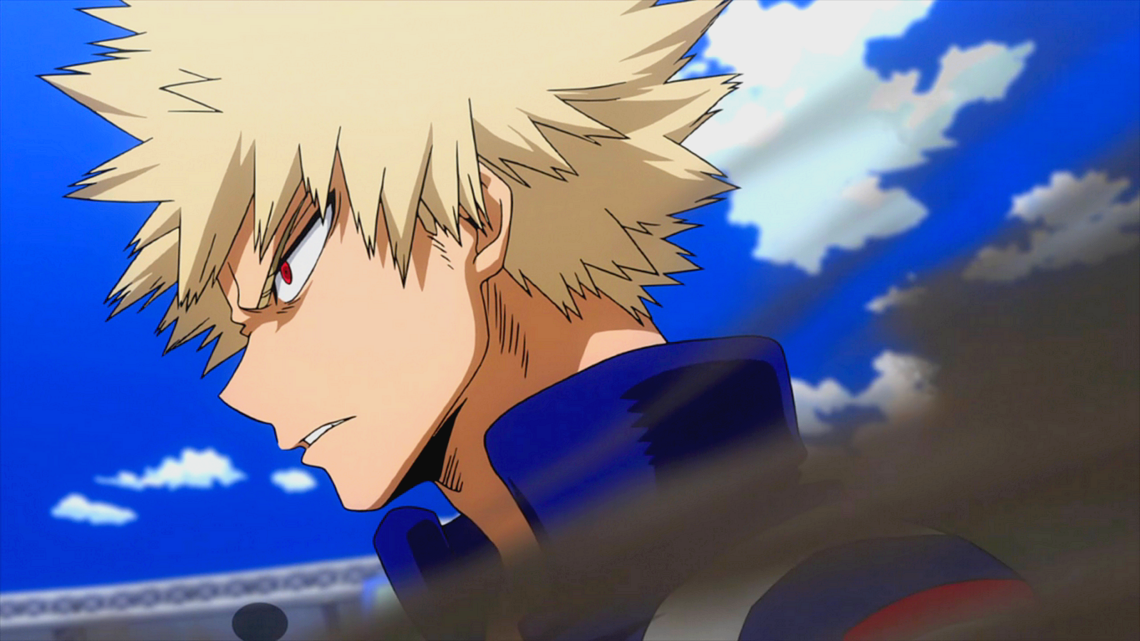 Katsuki Bakugou from the anime My Hero Academia is shown in a determined side profile against a blue sky with clouds.