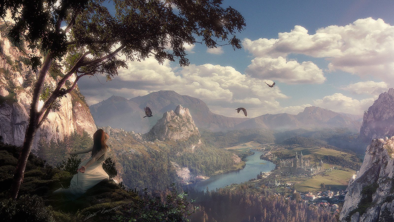 Artistic fantasy landscape: a mountain valley imbued with magic, a winding river leading to a distant fantasy city, birds circling as a lone figure gazes across the enchanted scene.