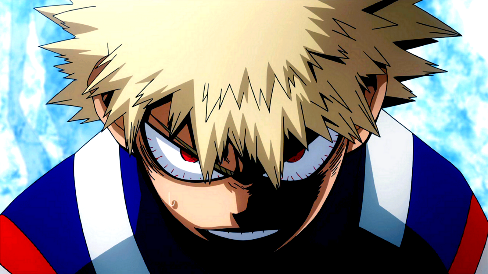 Close-up of Katsuki Bakugou (My Hero Academia): intense glare, spiky blond hair, red eyes, shadowed face in his hero costume against a blue backdrop.