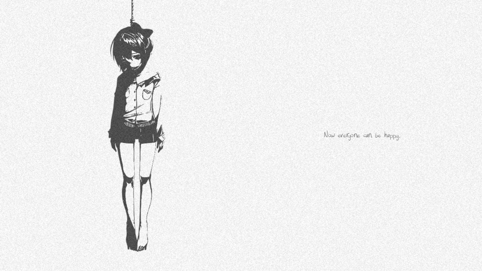A monochrome illustration of Sayori from Doki Doki Literature Club! depicts her hanging, accompanied by the text Now you're my everything.