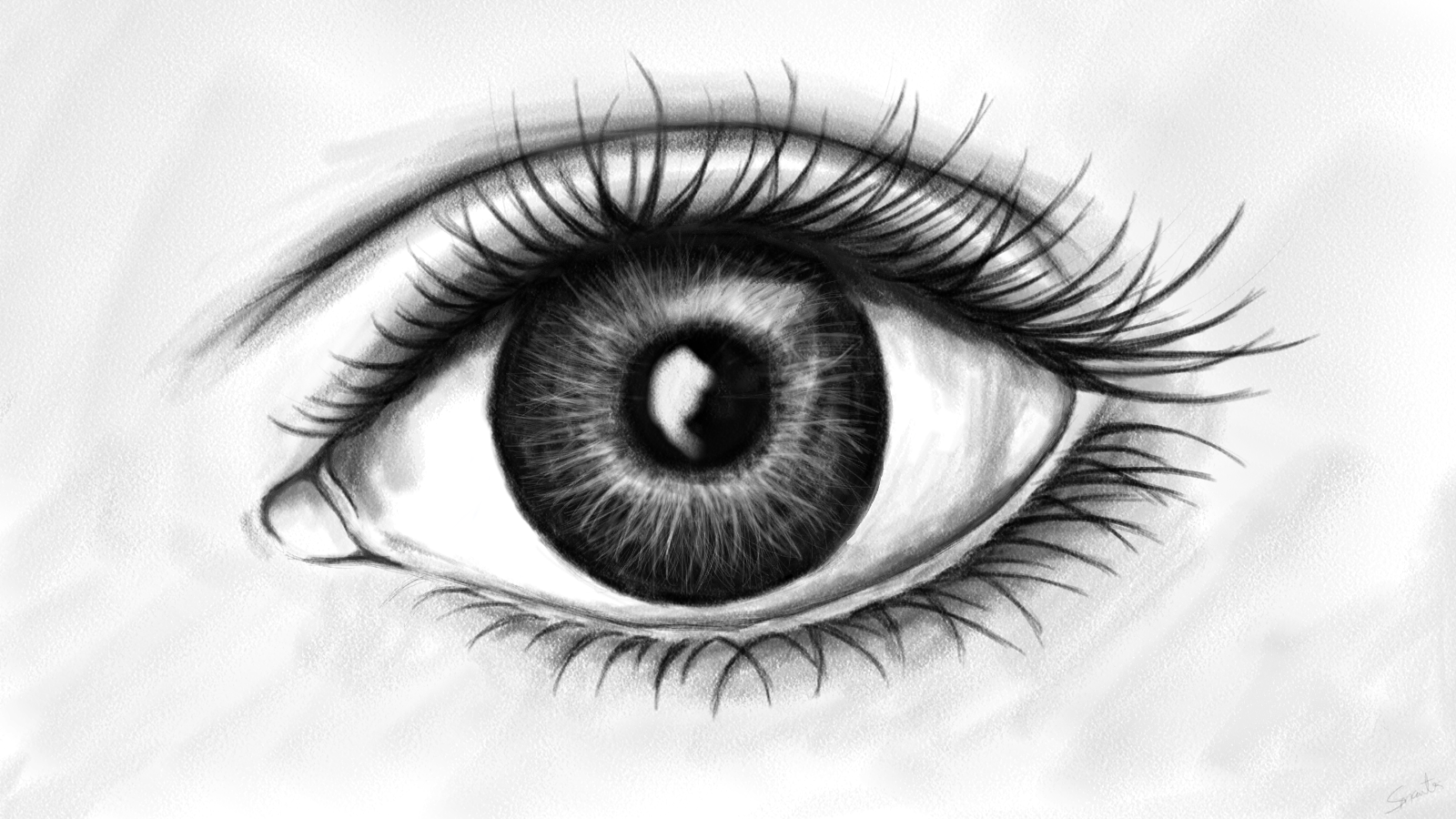 Monochrome digital abstract close-up of an eye with intricate iris detail, long lashes and soft painterly shading.