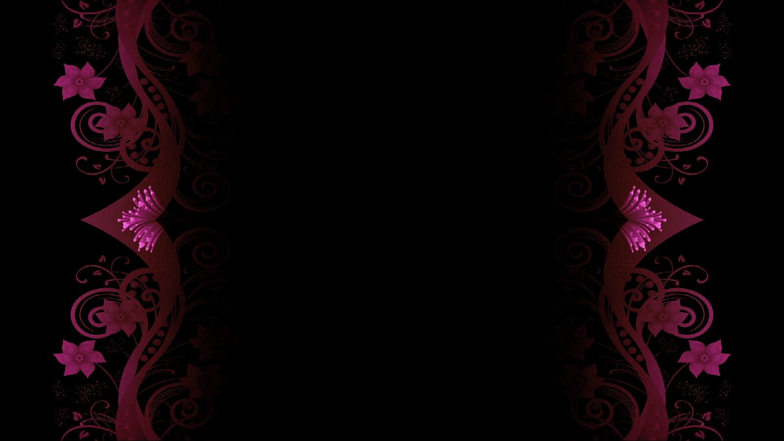 Abstract pink ornamental scrollwork and floral motifs mirror along both vertical edges against a deep black background, creating a decorative abstract frame.