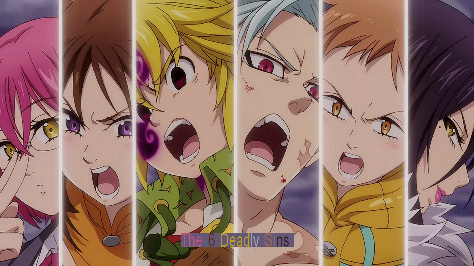 A dynamic scene from the anime The Seven Deadly Sins, featuring characters displaying intense emotions, capturing their unique traits and dramatic expressions in a vivid confrontation.