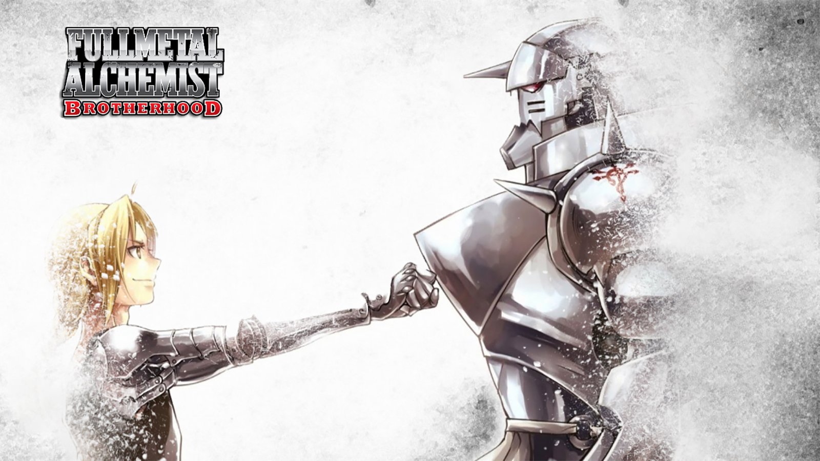 Alphonse and Edward Elric from Fullmetal Alchemist: Brotherhood connect in a powerful moment, showcasing their bond amid a stylized, ethereal backdrop.