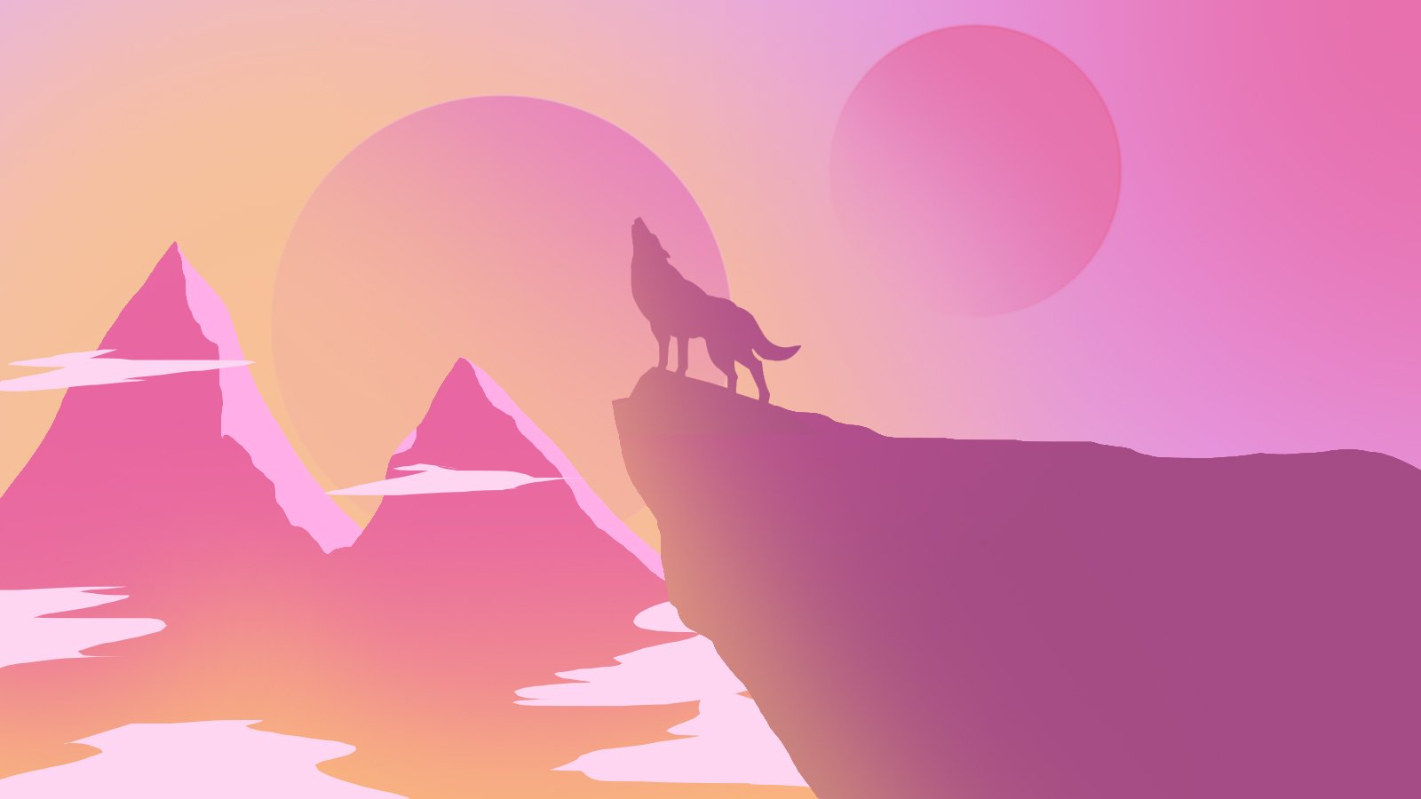 A minimalist pink fantasy scene of a lone wolf standing on a cliff with mountains and large glowing orbs in the background.